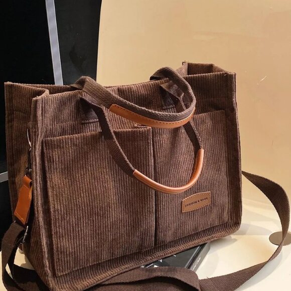 BirdinBag - Stylish Corduroy Tote Bag with Patch Detail - Picture 1 of 12